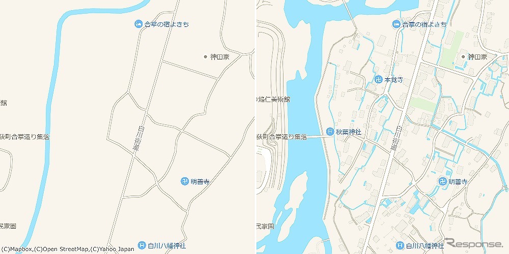 白川郷（岐阜県）/世界文化遺産に登録され、大小100棟あまりの合掌造りが残る集落には、山からの湧き水を田んぼに送る水路も地図上に可視化している