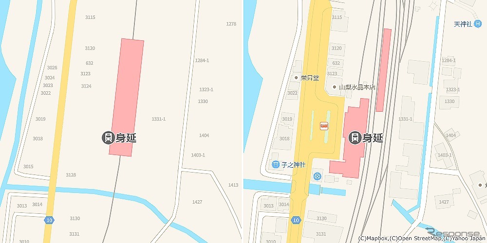 身延駅周辺（山梨県）/地方都市でも、駅前広場や線路、水路なども詳細になり、建物の地番も掲載している