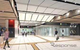 越前たけふ駅のコンコースイメージ。中央部の天井に取り付けられる照明は、越前和紙の「流し漉き」と呼ばれる技法の動きを表現する和紙照明となる。