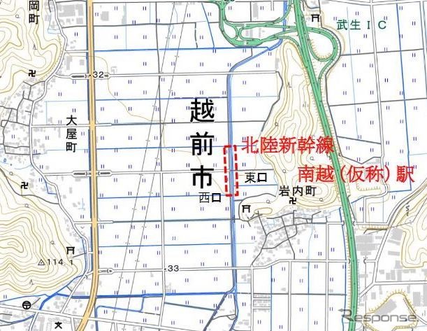 北陸新幹線越前たけふ駅（仮称・南越駅）の位置。福井鉄道の越前武生駅は直線距離でここから北西約2.7kmの位置にある。