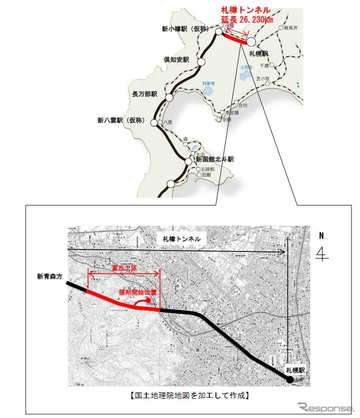 札樽トンネルの位置（上）と富丘工区の区間（下）。