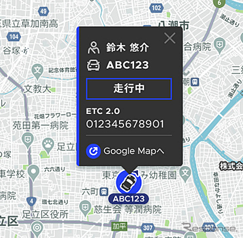 車両の位置と状態を地図上に表示