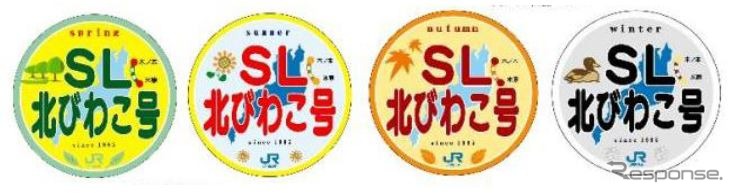 『SLスチーム号』に掲出される『SL北びわこ号』の各ヘッドマーク。左から春（9月30日掲出）・夏（10月1日掲出）・秋（10月2日掲出）・冬（10月4日掲出）。10月5日はヘッドマークなしとなる。