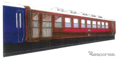 ふどう色となるオハテ12-1のイメージ。戦前に消えていた3等車を示す赤い等級帯が付けられる。青色のオハテ12-2とともに、メロディホーンを鳴動できる車外スピーカーが取り付けられる。