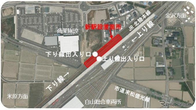 仮称「西松任」駅設置箇所の詳細図。北陸新幹線の白山総合車両所に隣接する。