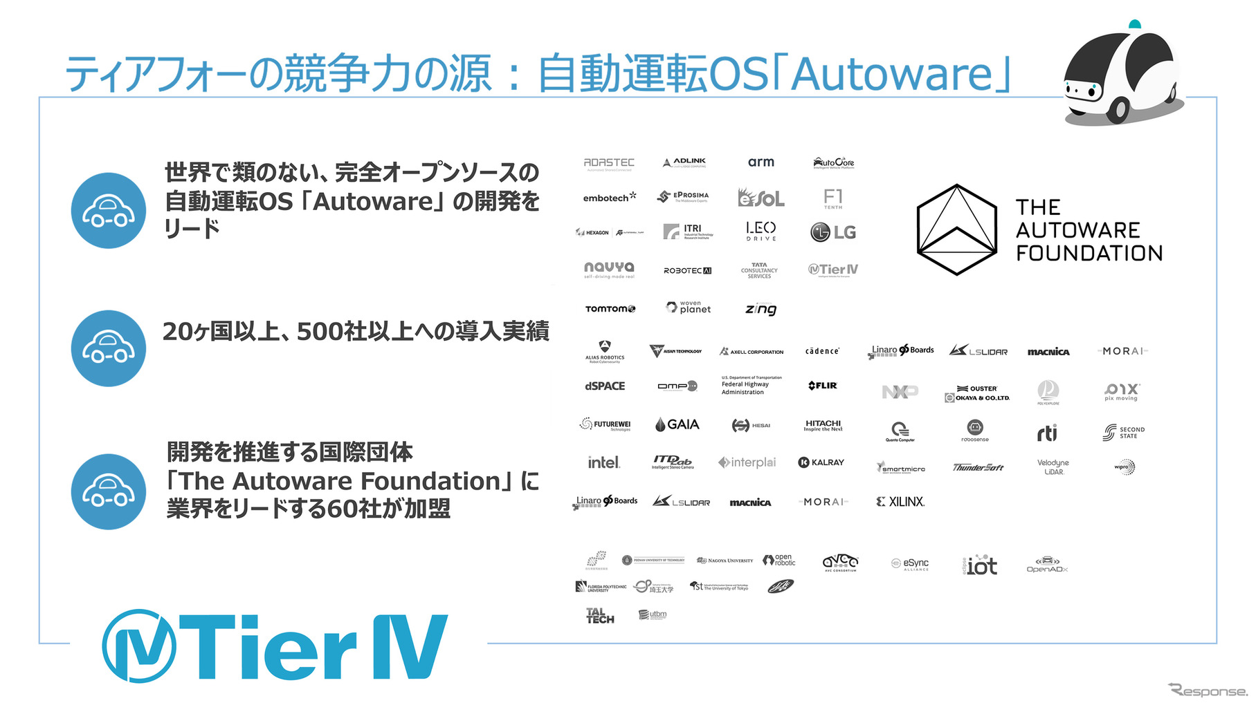 ティアフォーが開発する『Autoware』は、オープンソースのOSであり、導入実績も多い。