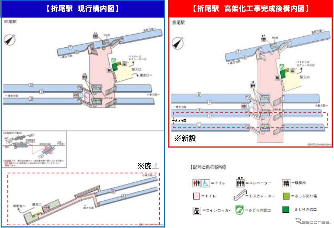 折尾駅の構内図。高架後は鷹見口のABのりばが廃止となり、高架の新1・2番のりばが供用される。