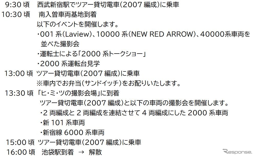 「旧2000系最後の8両編成2007Fで行く！南入曽車両基地とヒ・ミ・ツの撮影会場！」ツアーの行程。往路は西武新宿駅から新宿線で南入曽へ、復路は池袋線を通り池袋駅で解散となる。