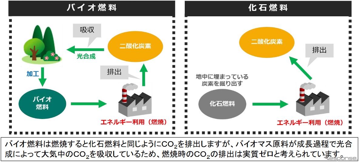 バイオ燃料と軽油などの化石燃料の違い。従来のバイオ燃料は軽油と混合できたが、異なる分子構造を持っていることから混合比率が5%以内に抑えられていた。しかし次世代型では軽油と同じく分子構造に炭化水素を持つため、軽油と同じ取扱いが可能となり、従来型にある混合比率の制約を解消することが可能になるとされている。