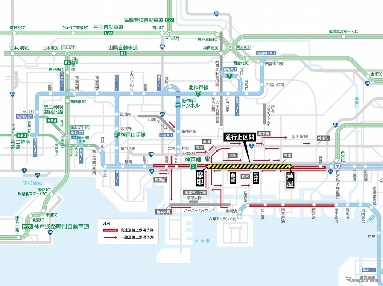 阪神高速道路・他の高速道路・一般道　主要渋滞予測図