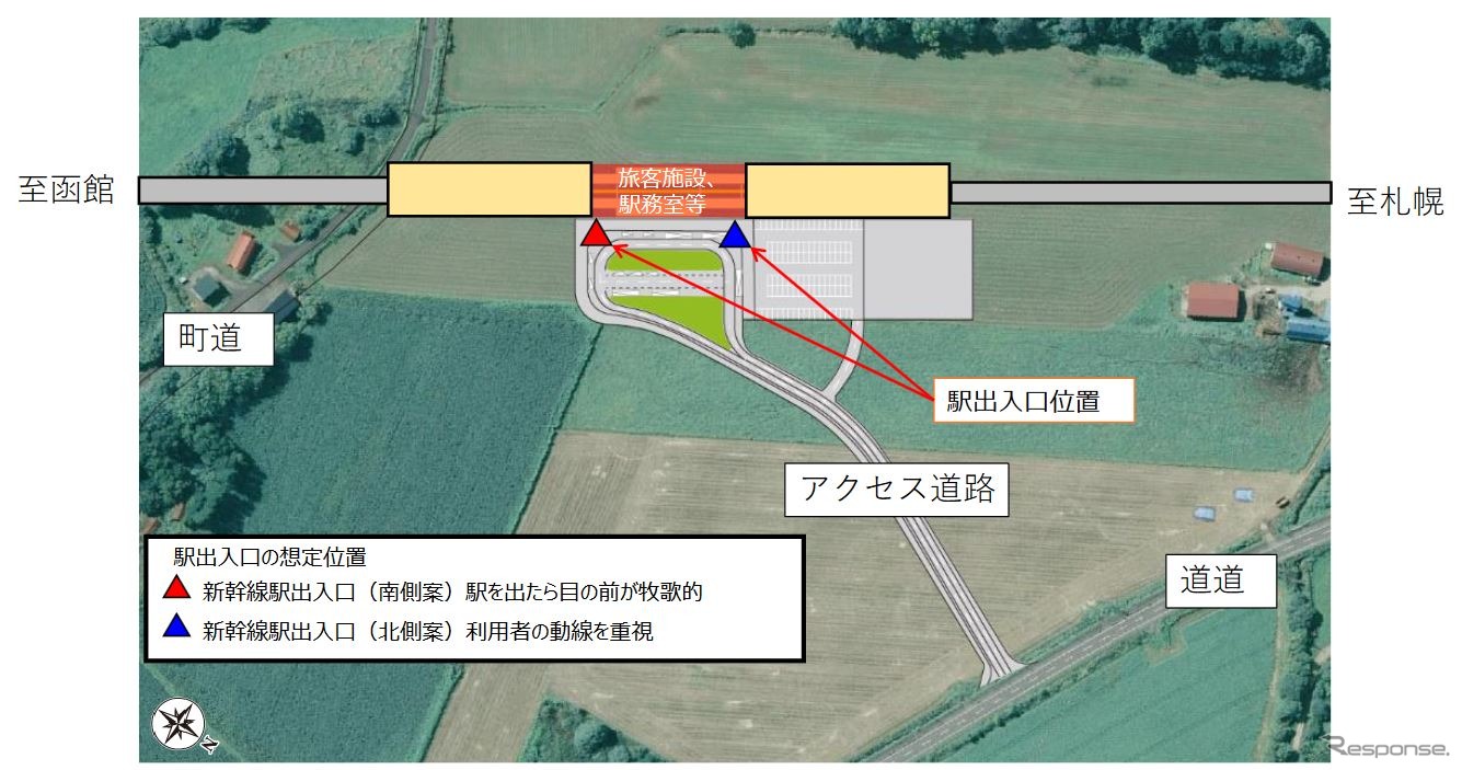 新八雲駅（仮称）の駅舎出入口検討案。鉄道・運輸機構では地上駅を構想しているが、八雲町では周辺の牧歌的風景に配慮して高架駅を要望している。