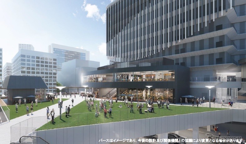 新駅ビルとともに整備される駅前広場には、にぎわい創出のひとつとして上空にデッキが設けられる。