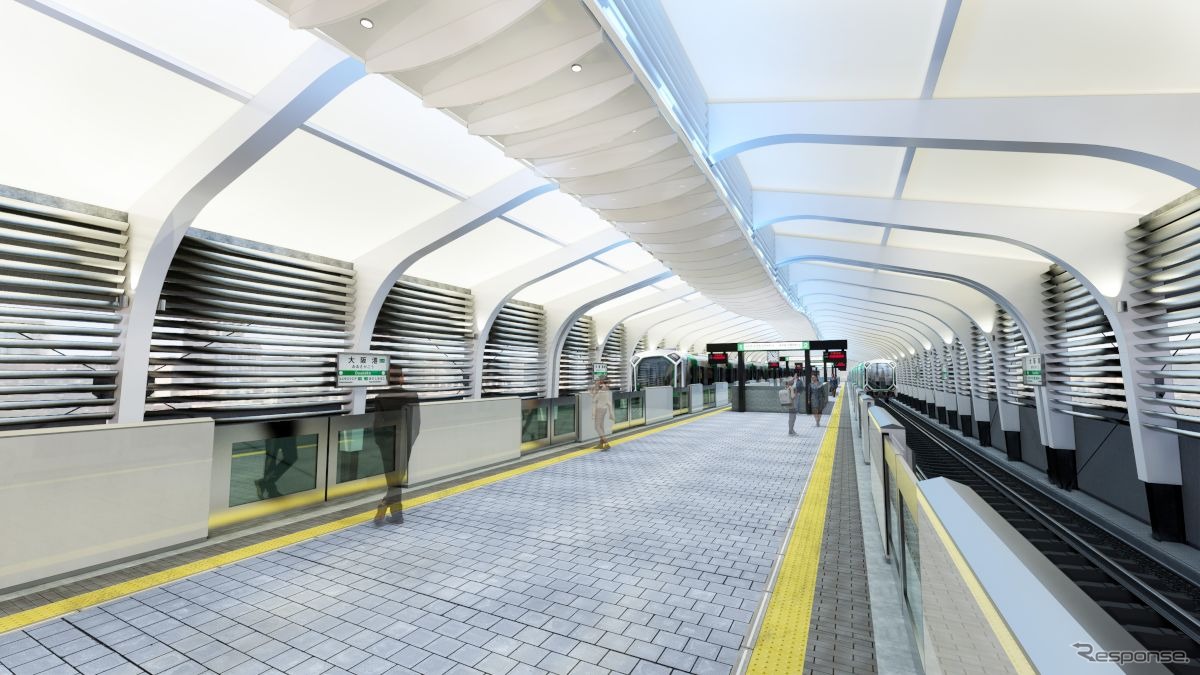 中央線大阪港駅は、駅舎に大海原を泳ぐ大きな海洋生物をイメージ。ホームの屋根は膜構造の透過性や質感を活かしつつ、曲線を効果的に用いる。
