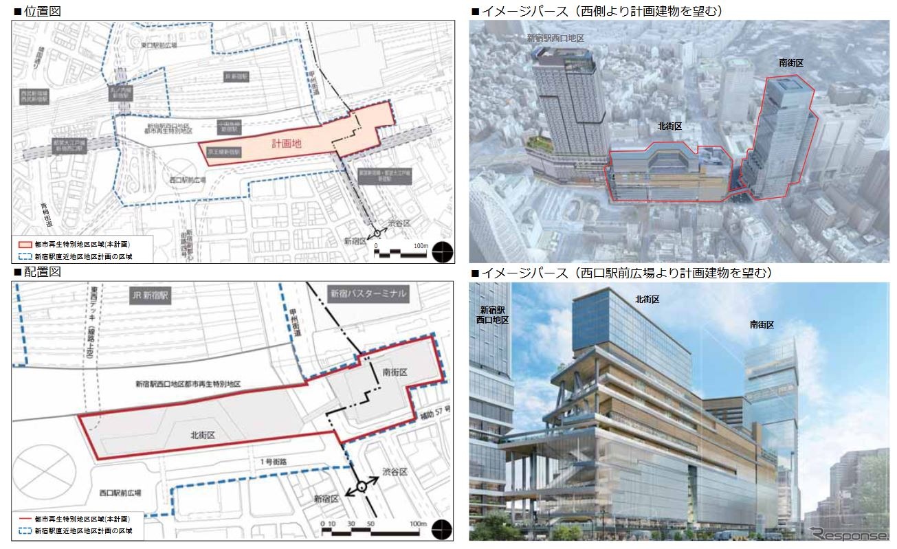 新宿駅西南口再開発の位置図と配置図。