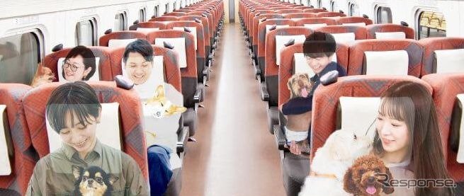 ペットを膝の上かカバーが掛かったシート上に置くことができる新幹線ペット専用列車のイメージ。