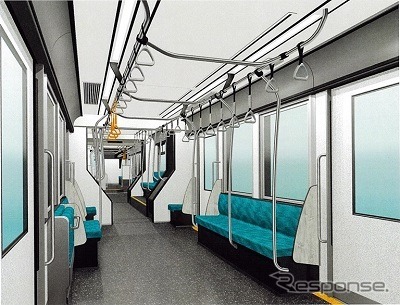 F2000形のインテリア。オールロングシートでF1000形より通路幅を拡大。優先座席や車椅子スペースも設けられる。定員は880形より1割程度多い115人で、吊り手や握り棒の数も増える。