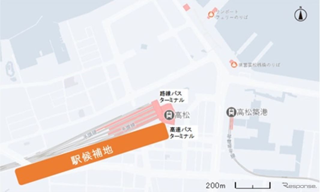 高松駅付近の新幹線駅候補位置。