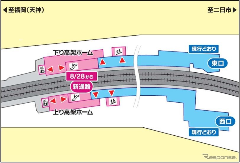 ホームが高架へ移る雑餉隈駅。