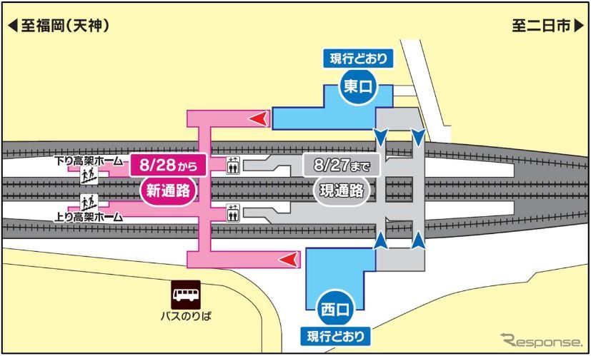 ホームが高架へ移る春日原駅。