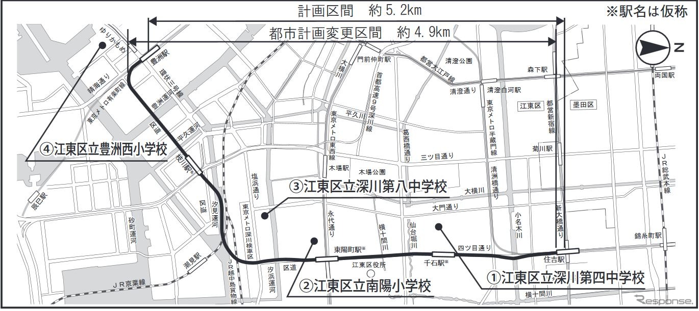 「豊住線」の詳細なルート。マル数字は説明会が開かれる会場。