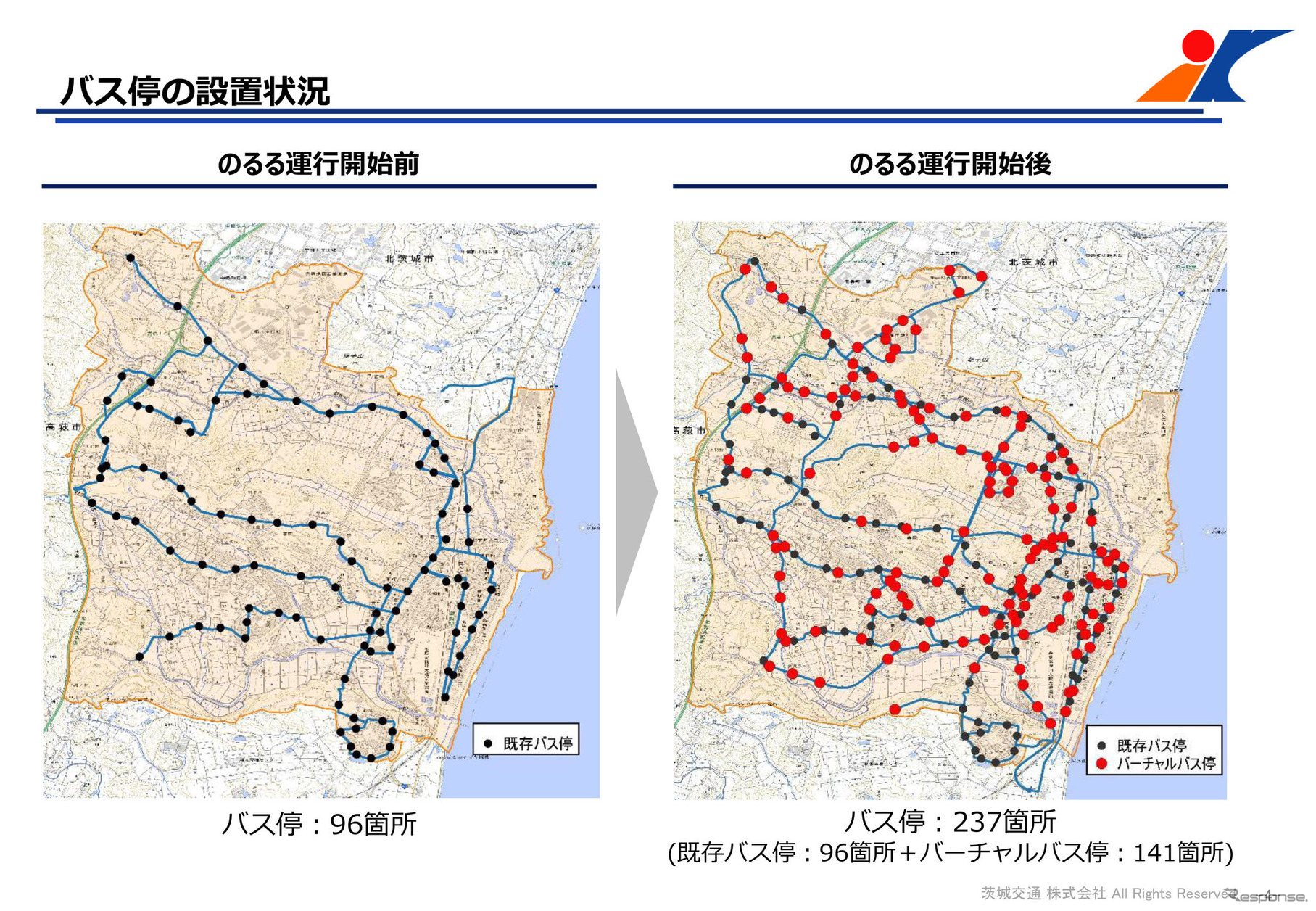 のルル運行開始後は、従来のバス停96カ所→バーチャルバス停141カ所の計237カ所で運行される