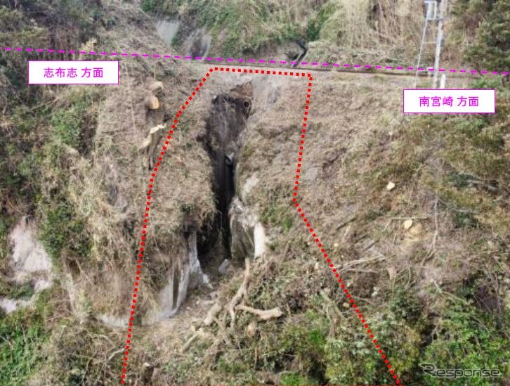 築堤崩壊箇所の全景（拡大）。
