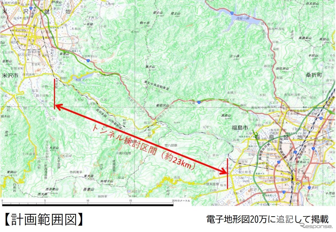 米沢トンネル（仮称）の検討区間。福島県福島市内の庭坂駅付近から山形県米沢市内の関根駅付近にかけての約23kmを貫く長大トンネルとなる。