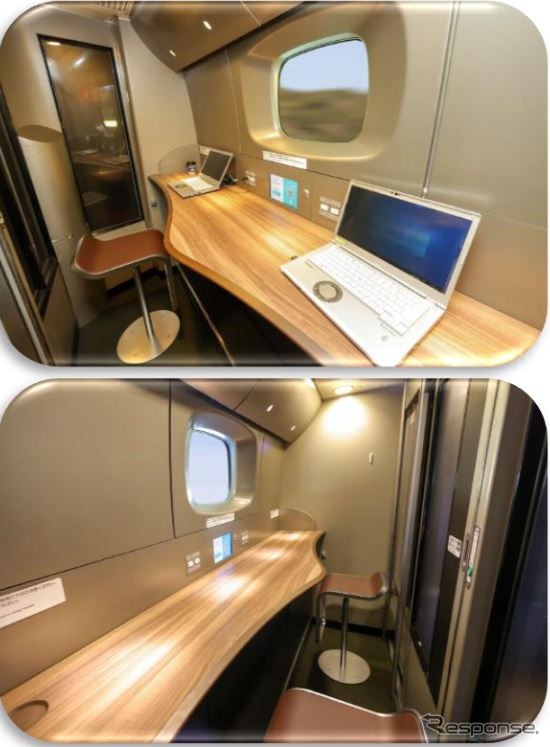東海道新幹線N700Sの個室ビジネスブース。駅のワークスペースと連携することで乗車前後にシームレスに仕事ができる環境がさらに整備される。
