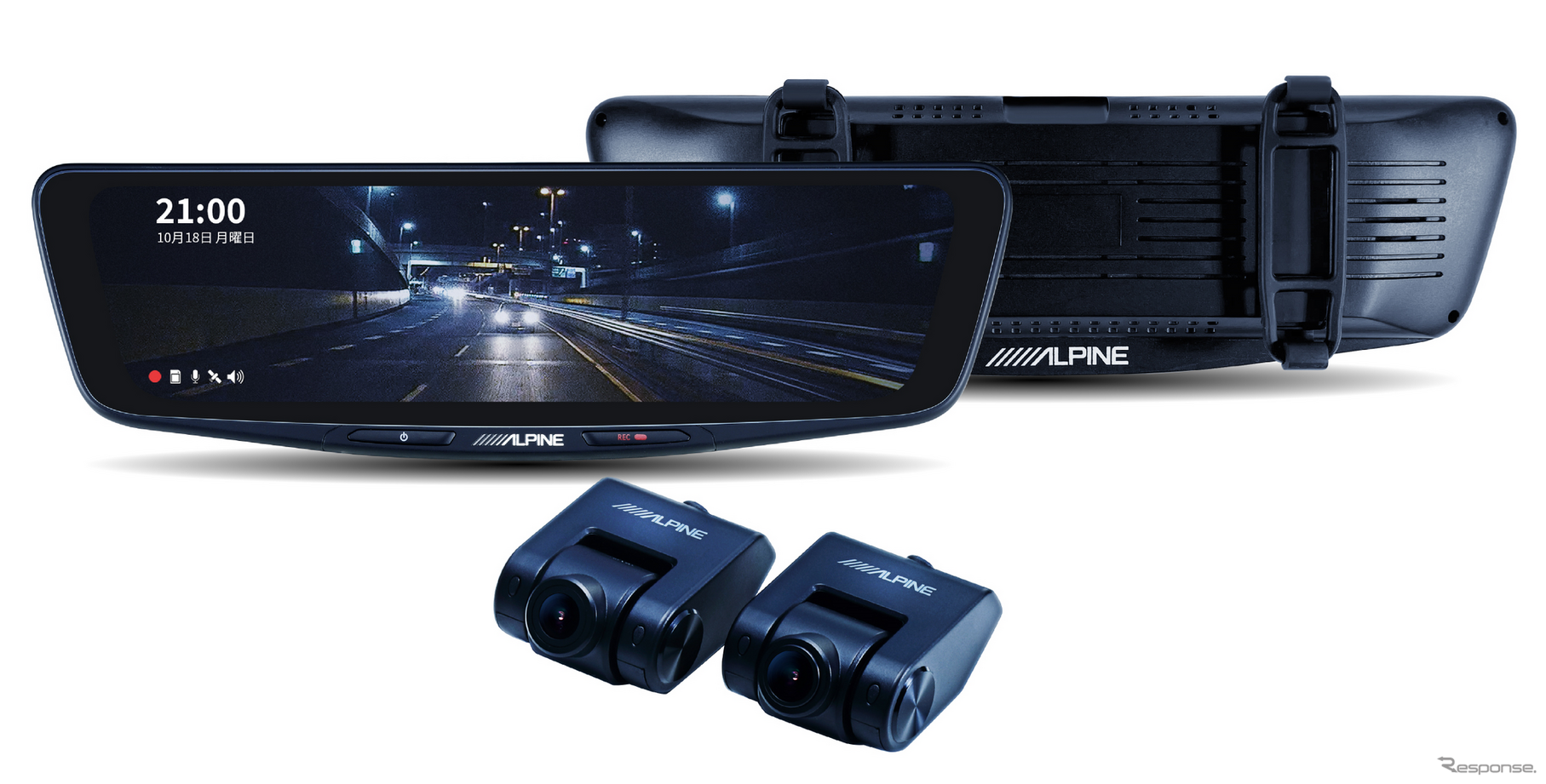 【DVR-DM1000B-IC】バンド装着タイプの10型モデルで、リアカメラは車内取り付け用を組み合わせる