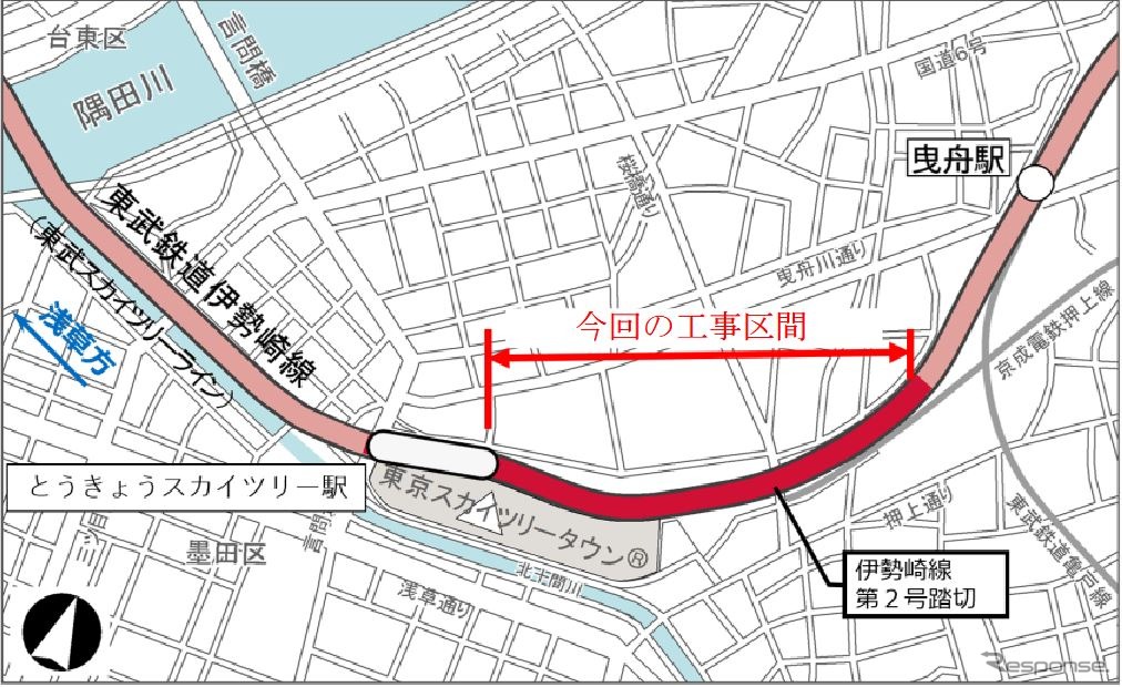 伊勢崎線とうきょうスカイツリー～曳舟間の高架区間。