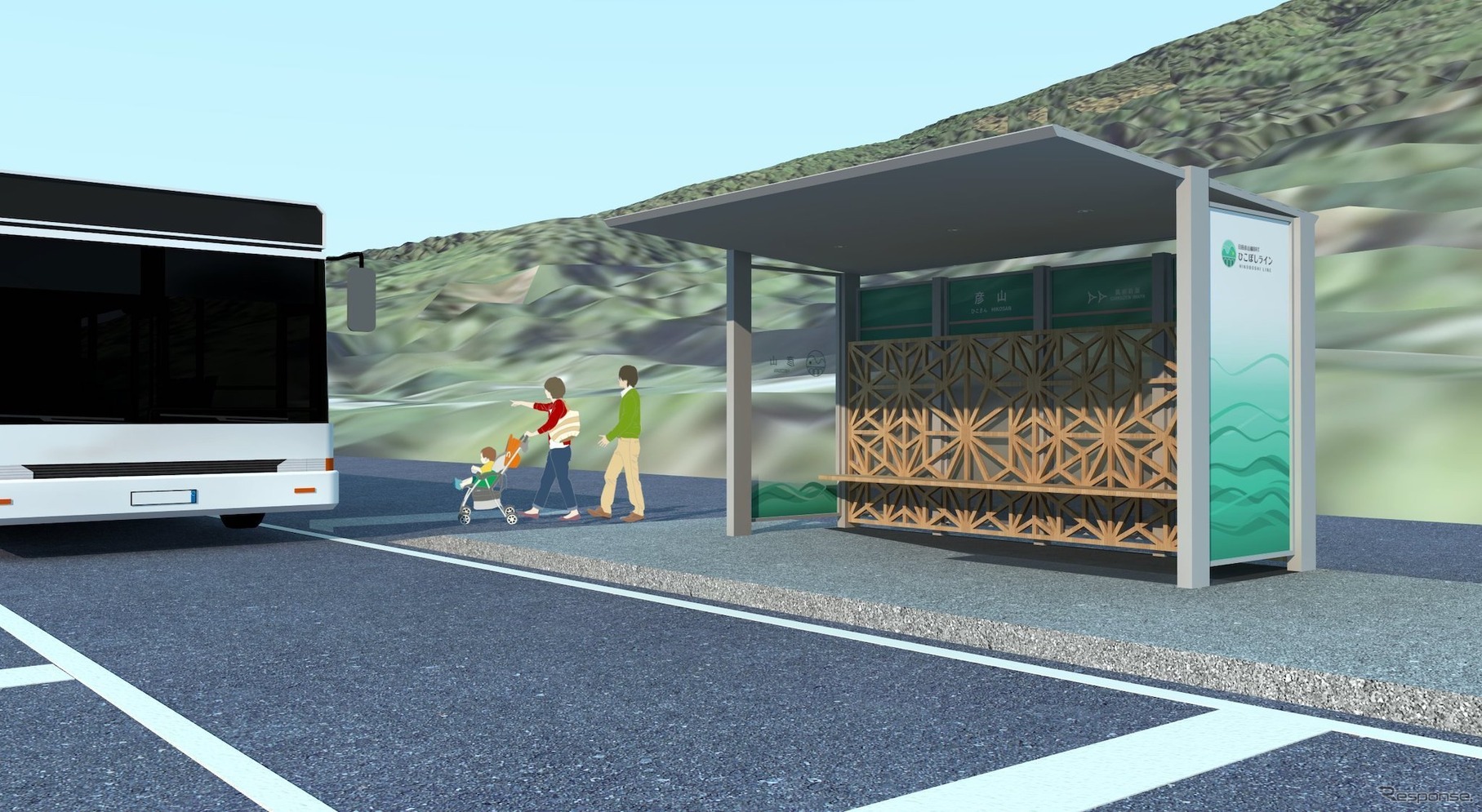 待合ブースとバスを組み合わせたイメージ。モデルは彦山駅。