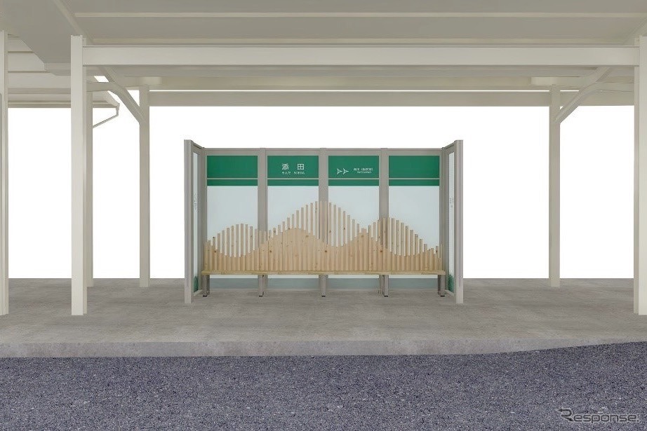 「やまなみ」をデザインコンセプトにした添田駅の待合ブース。