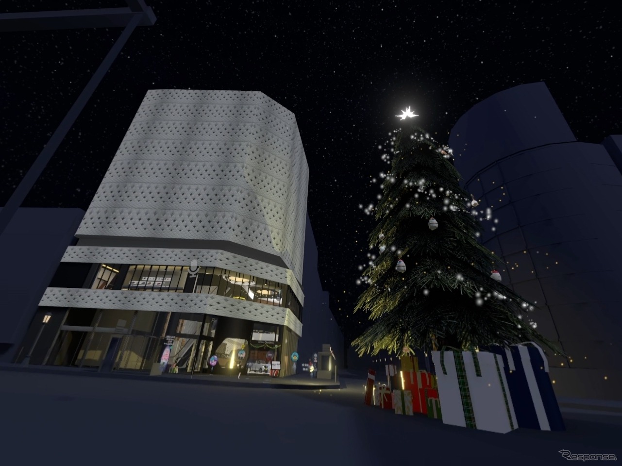 バーチャルギャラリー「NISSAN CROSSING」は2022年12月15日から31日までホリデーシーズンの飾り付け。建物の前には巨大なクリスマスツリーがあり、らせん状に配置されたランプに沿って上まで登れるようになっている。