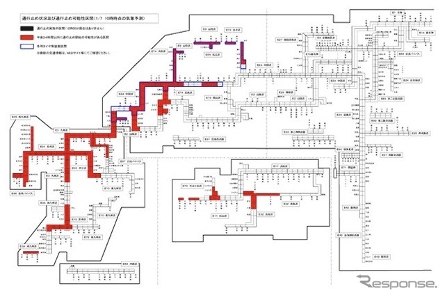 大雪予想時におけるウェブサイト広報：24時間以内に通行止めのある区間をMAP表示（イメージ）