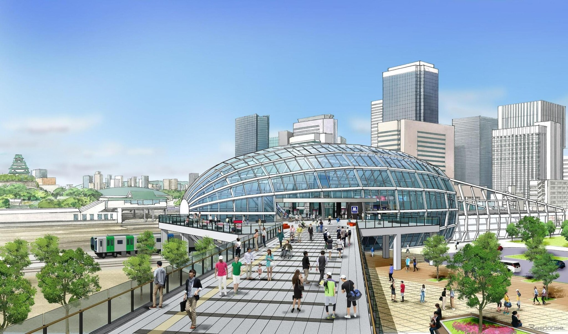 「大阪城東部地区のまちづくりのコンセプトと合致し、西の拠点と対峙する『シンボリック、かつ、インテリジェンス（知）・イノベーション（革新）・インキュベーション（新規事業等の孵化）』を球体が浮かび上がってくるイメージで表す唯一無二のデザイン」とされる森之宮新駅のエクステリア。