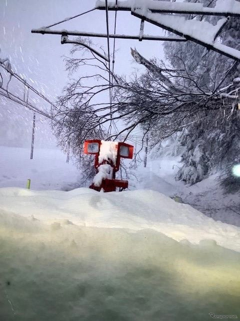 倒木により復旧作業が難航している信越本線長岡～柏崎間。2022年12月21日。