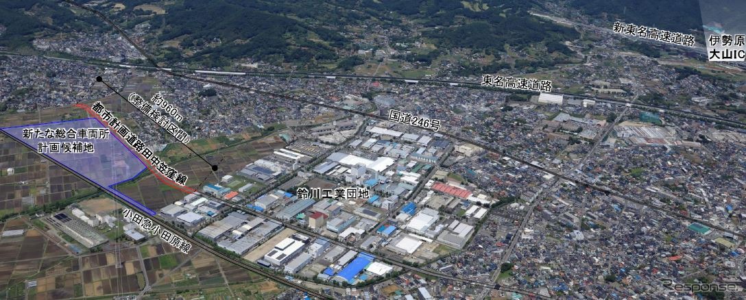 小田急の新たな総合車両所を含む「都市計画道路田中笠窪線整備事業」の概略。