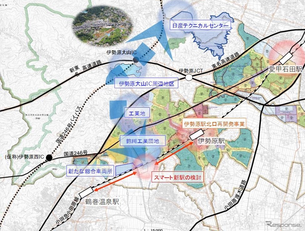 新たな総合車両所と新駅の位置関係。