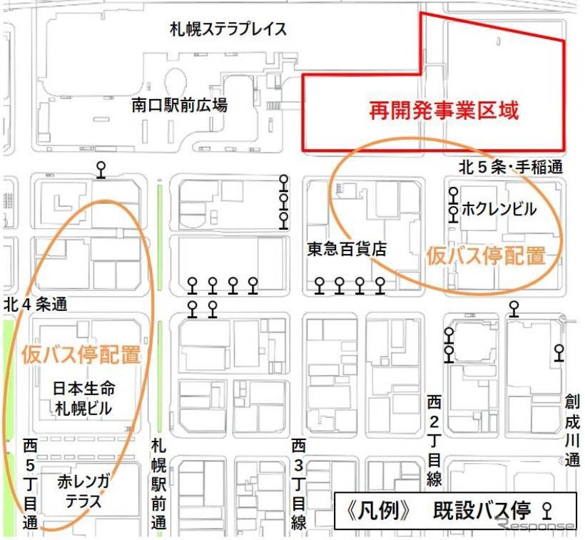 バスターミナル閉鎖後の仮バス停の位置。