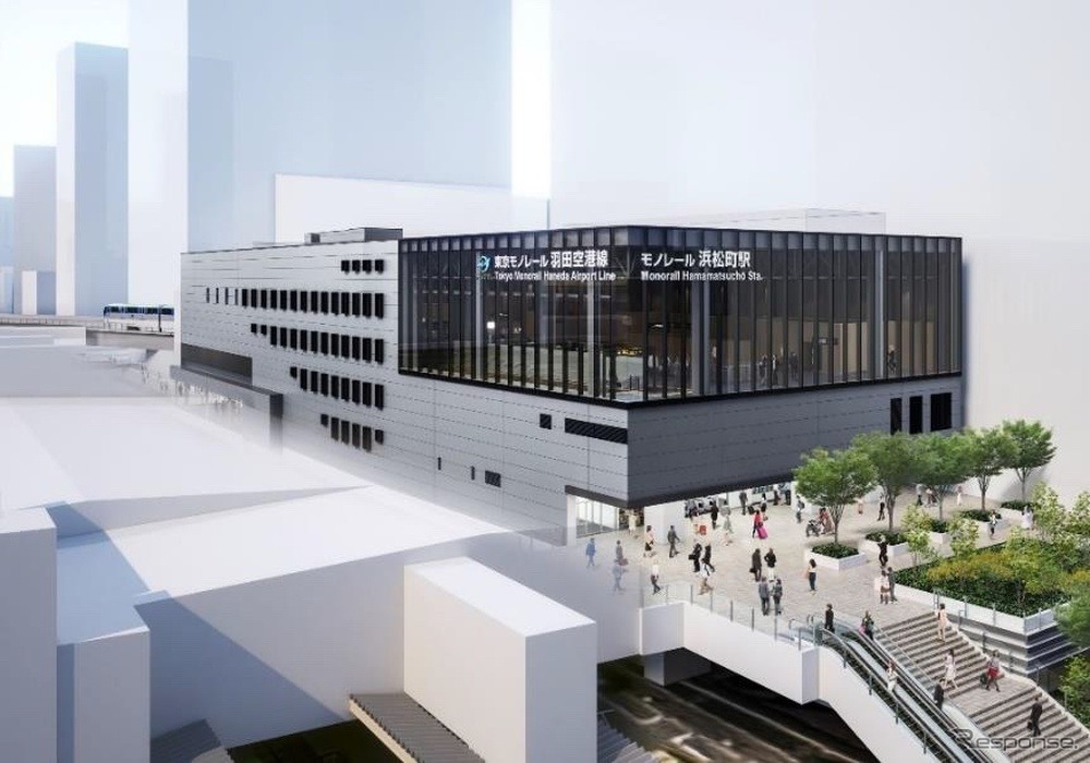防災機能の強化も図られるモノレール浜松町駅新駅舎のイメージ。2029年12月の竣工を目指す。