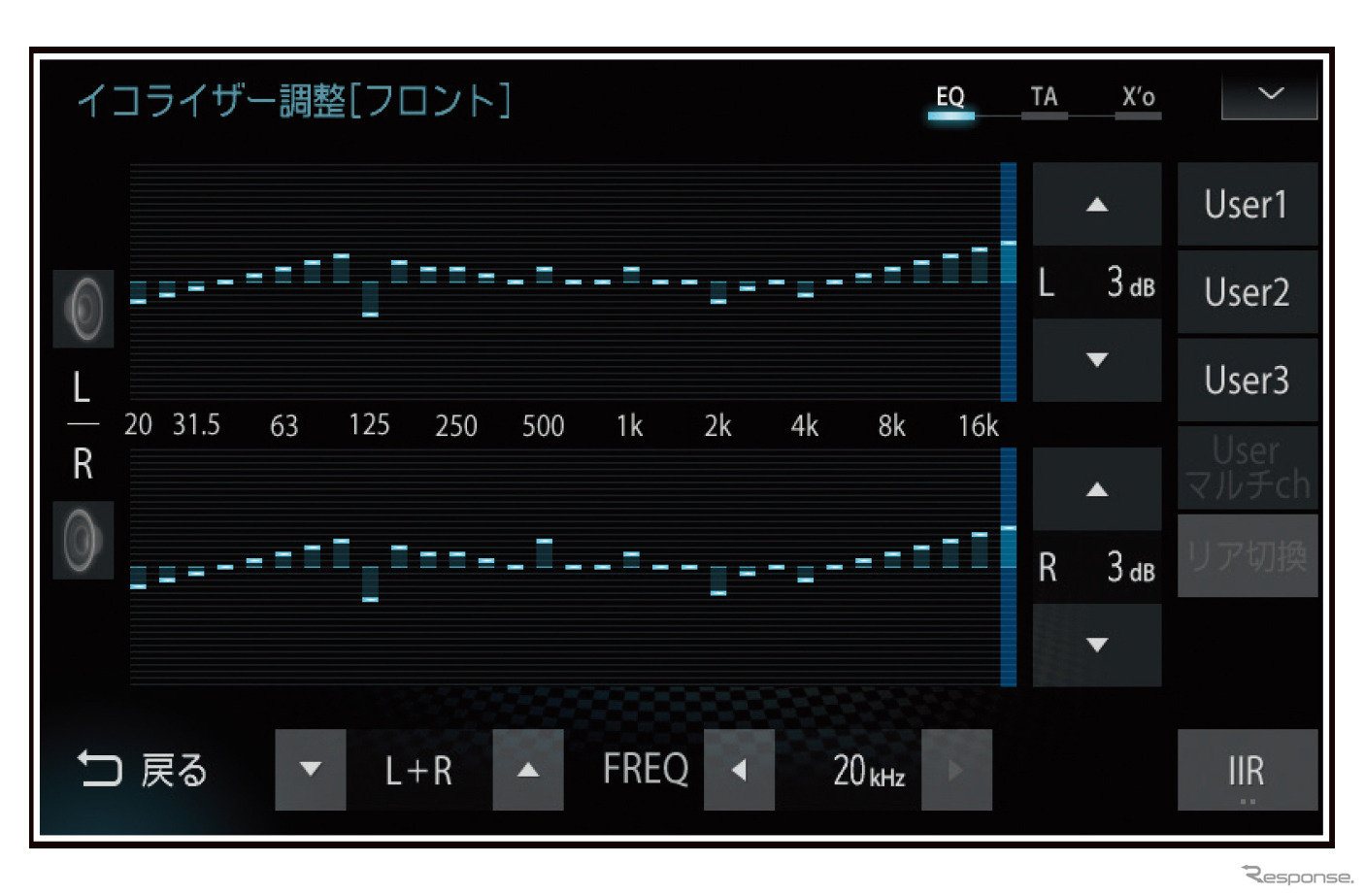 「グラフィックイコライザー」の設定画面の一例（三菱電機・ダイヤトーンサウンドナビ）。