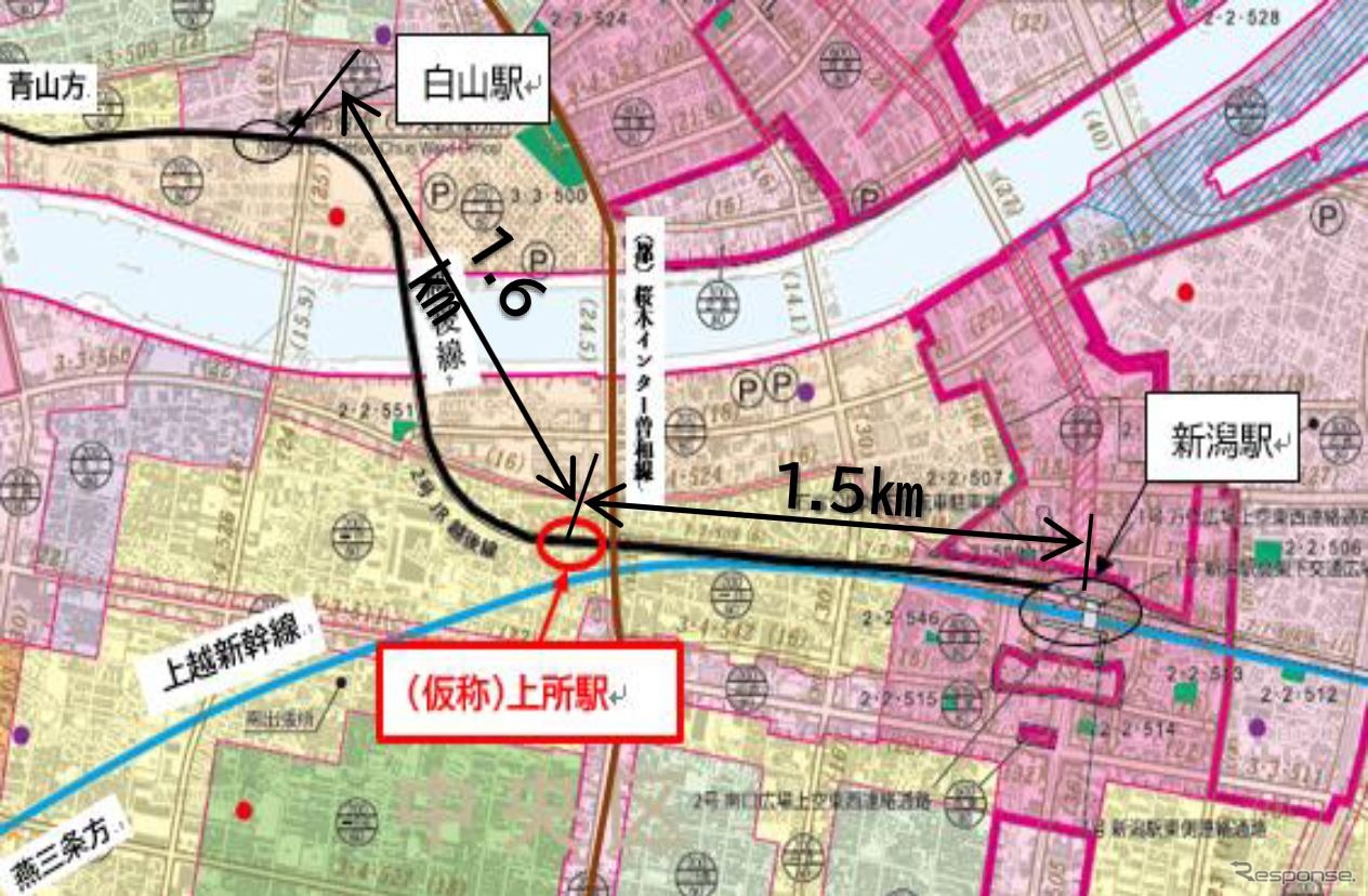 「上所駅」の位置。付近は新潟南高校や北越高校、新潟ユニゾンプラザに近く、高校生の利用が多く見込まれる。