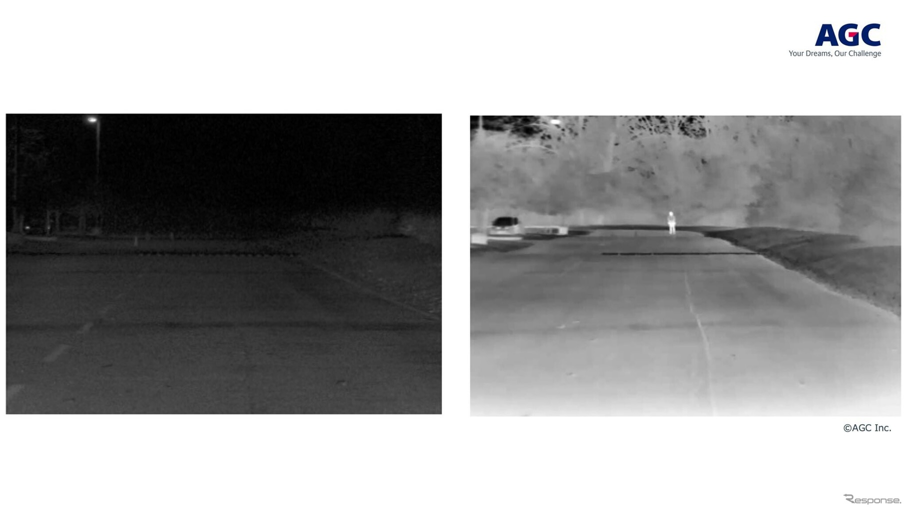 FIRカメラなら夜間も120m先にいる歩行者が認識できる（左が可視カメラ、右がFIRカメラの画像）