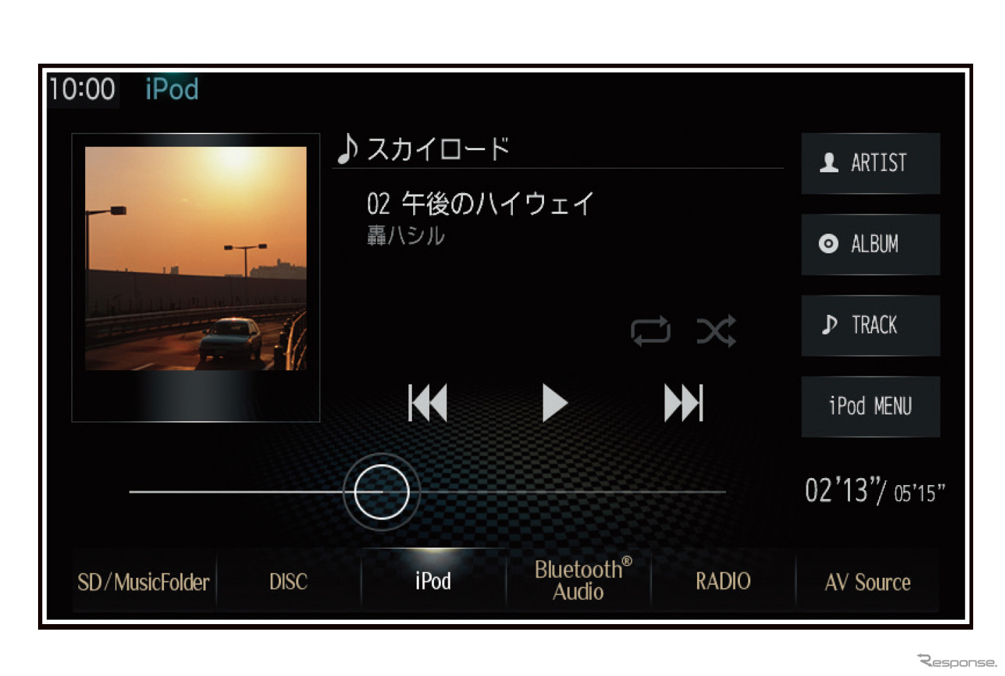 iPhoneをUSB接続したときのメインユニットの表示例（三菱電機・ダイヤトーンサウンドナビ）。