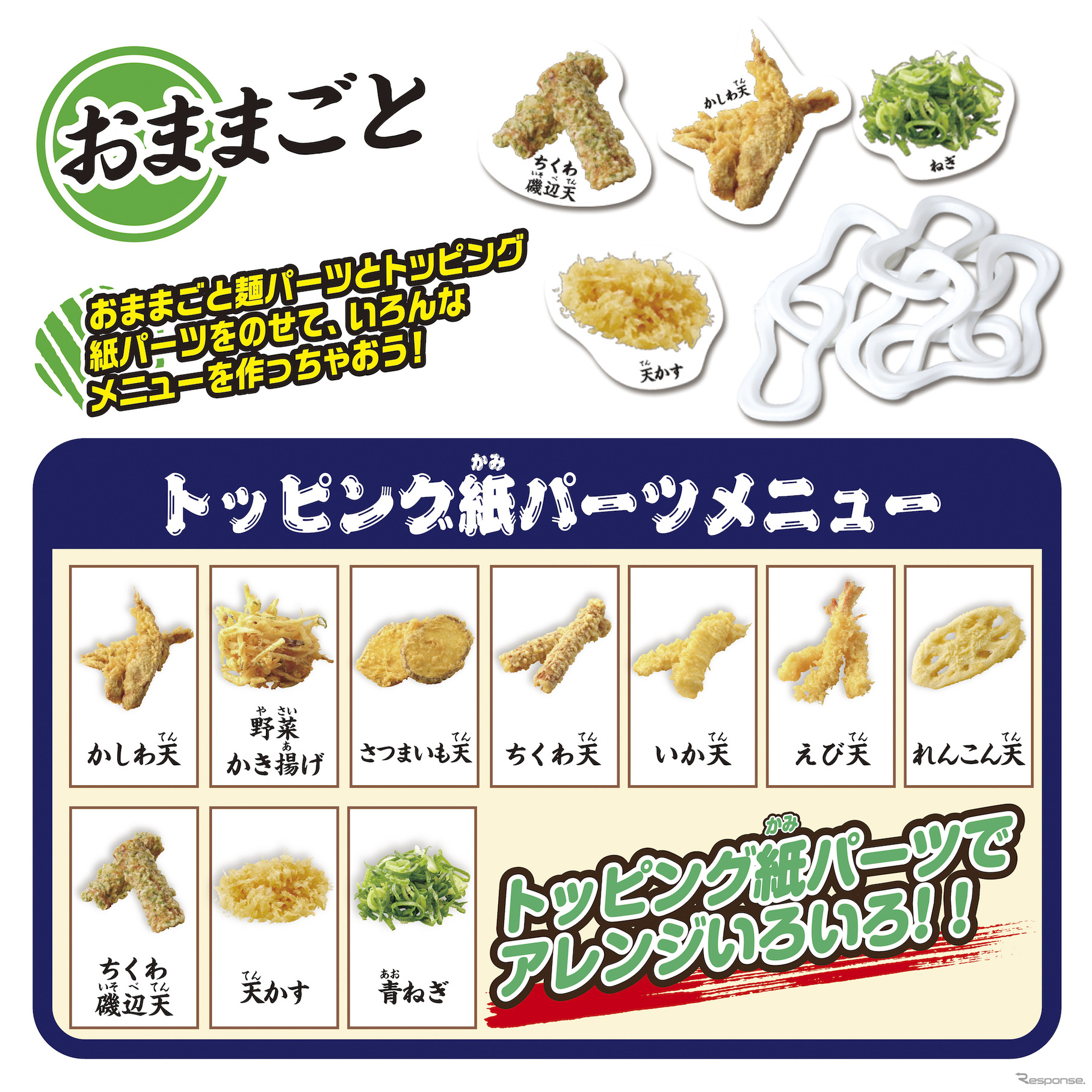 付属のおままごと麺パーツと、天ぷらや青ねぎなどのトッピング紙パーツ　(c) TOMY / (c) 2023 TORIDOLL Holdings Corporation.