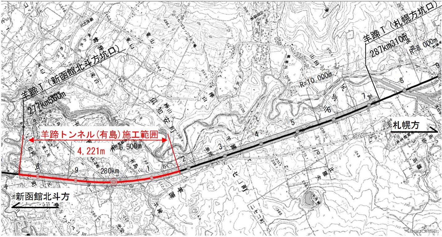 羊蹄トンネル有島工区の施工範囲。