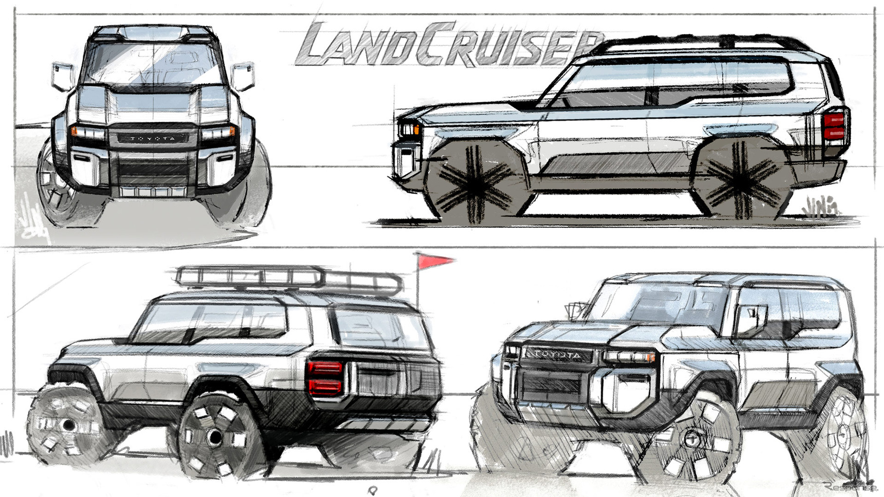キャルティのジン・キムが描いたスケッチ。開発中期のまだ模索中のスケッチだが、ランクル250のエクステリアの特徴を余すところなく描き出している。