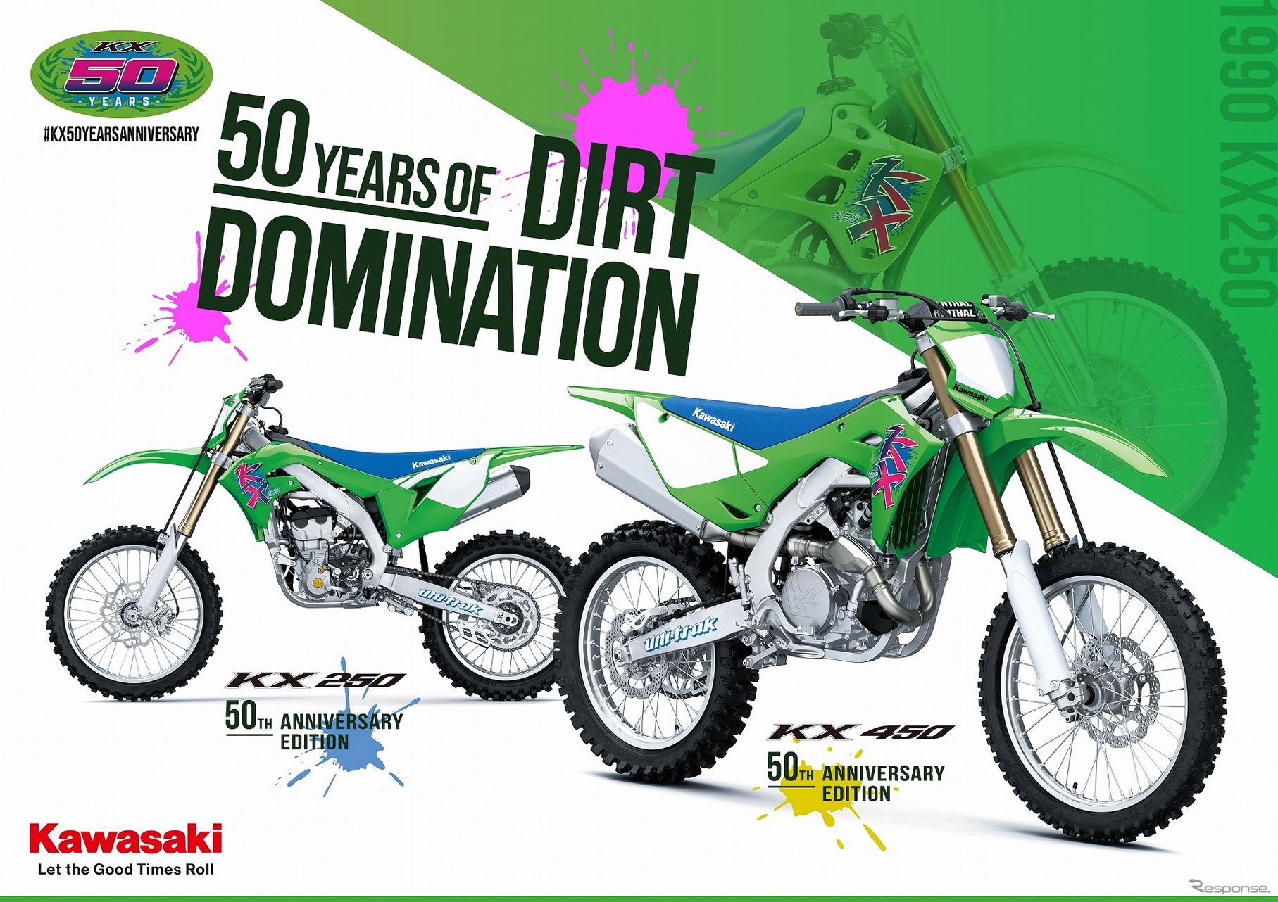 カワサキ KX450 50th アニバーサリーエディション（右）とKX250 50th アニバーサリーエディション（左）