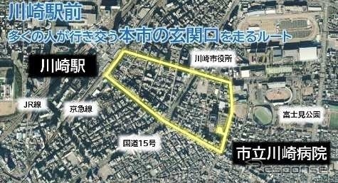 運行ルート川崎病院線：1日30万人以上が利用する川崎駅前を自動運転バスが走行