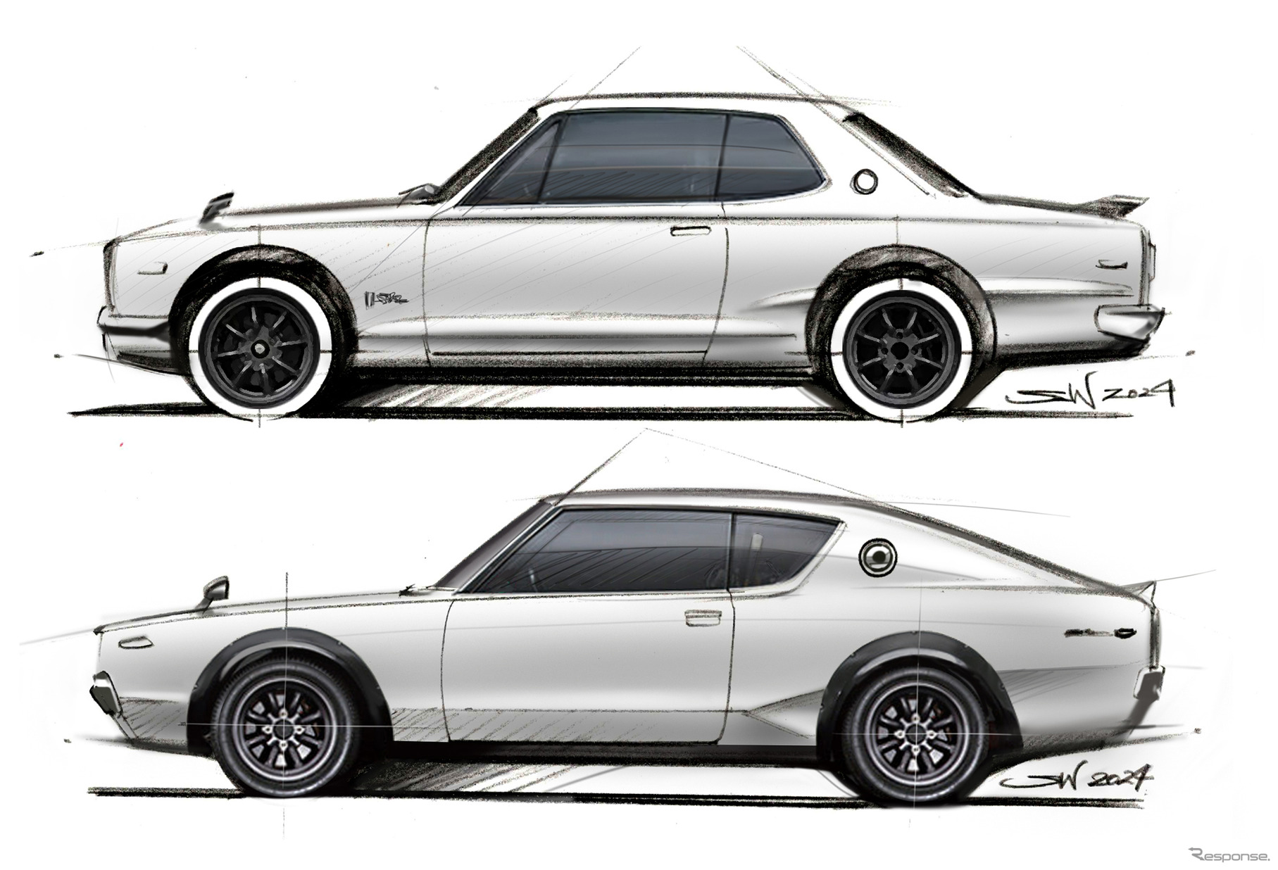 和田智氏の直筆によるハコスカGT-R（上）とケンメリGT-R（下）のスケッチ